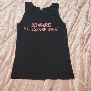 Black Tank Top Beware Hot Blooded Italian Red Glitter Font Small